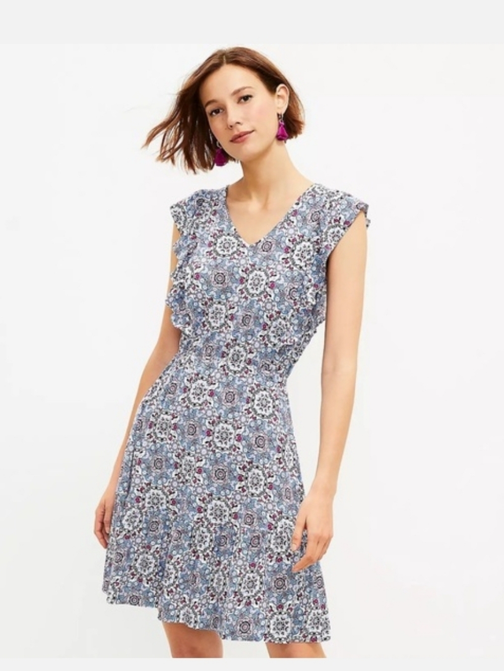 Loft Medallion Ruffle Flare Dress Size Medium Petite New With Tags NWT
